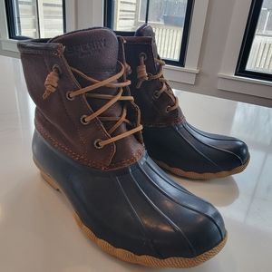 SPERRY Duck Boots 6.5 Saltwater Navy Blue Rubber Brown Leather Ankle Rain Winter